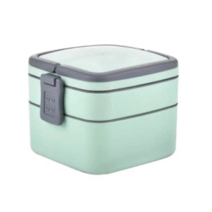 Portable lunch box with two layers, stackable, and comes with a carrying handle